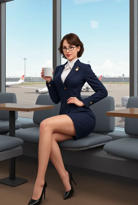 A realistic illustration depicting an elegant and charismatic 45-year-old Caucasian woman sitting in an airport cafe with her legs crossed. The shot is in a wide angle, capturing her entire body with a balanced composition. She wears a perfectly fitted nav...