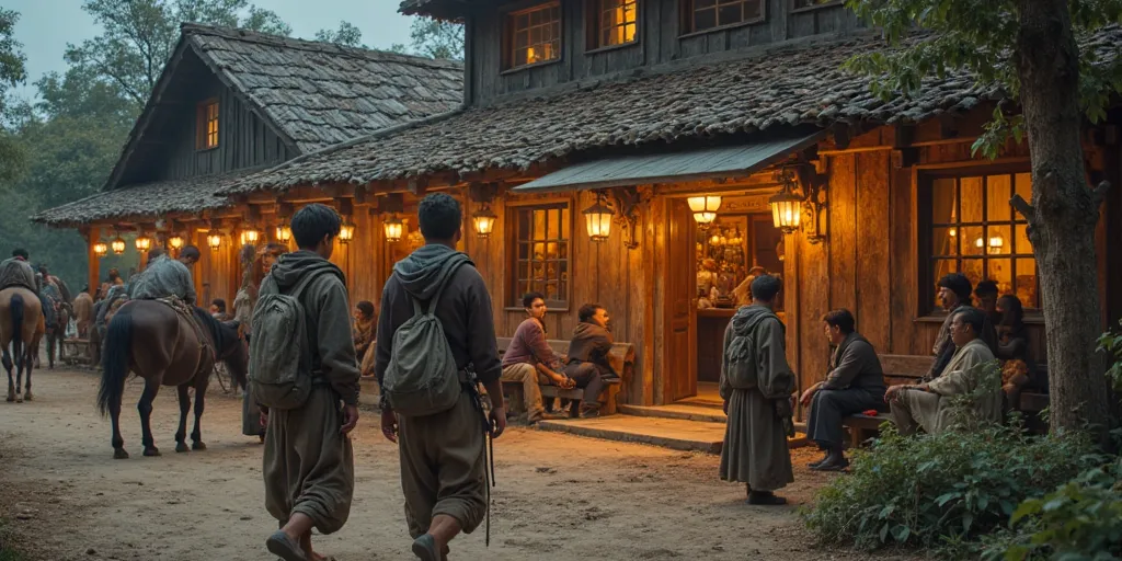 In a wide shot, three weary travelers arrive at Bento’s roadside refuge, a spacious yet rustic resting place for wanderers of all kinds. The establishment is large but humble, with aged wooden beams, a thatched roof, and an inviting open entrance. A few tr...