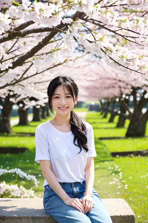 「A 35 year old cute Japanese woman。has dark hair up to her shoulders blowing in the wind、has a bright smile。She has small breasts、She is casually wearing a white t-shirt and light blue denim。At the spring park、She sits under cherry blossoms in full bloom、i...