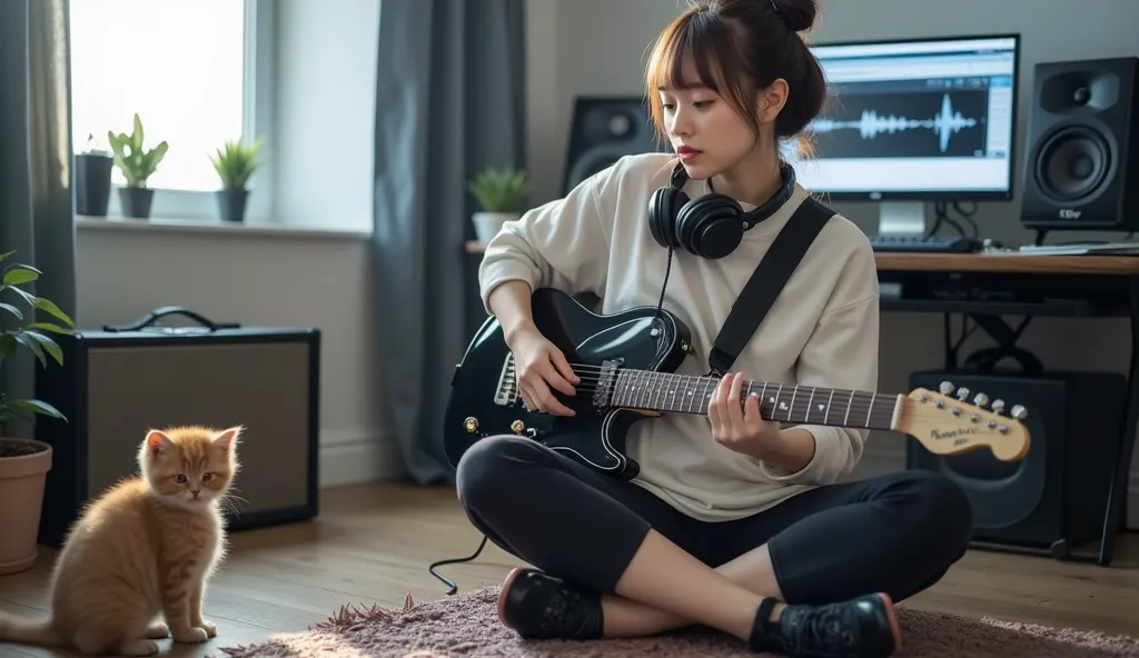 A young beautiful woman is playing a keytar in his room, with headphones hanging around his neck. The room contains an amplifier, speakers, a desktop computer, a sound mixer, and music editing software running on the computer screen. One cute puppy and one...