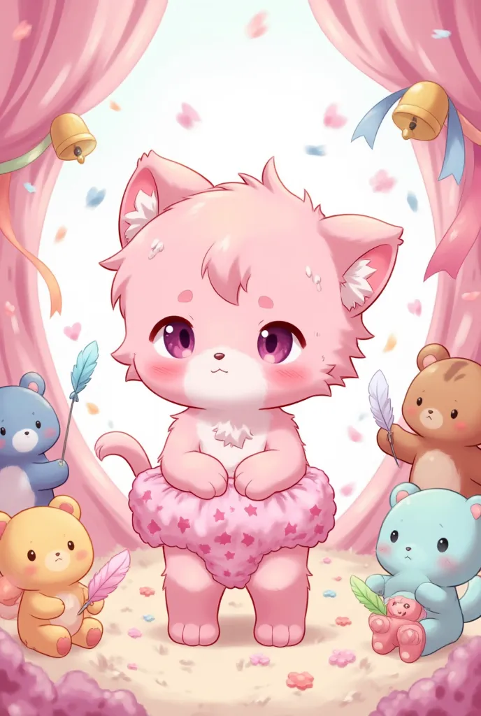 "A cute 2D manga-style cover illustration, featuring an anthropomorphic pink kitten character (Inin) with soft fluffy fur and pink paw pads, standing in a slightly shy yet entranced pose with a puzzled and dreamy expression. She wears a magical fluffy pink...