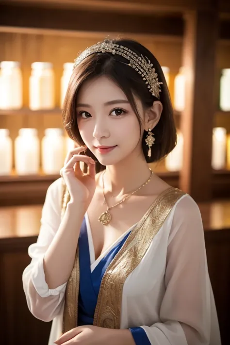  top quality, Masterpiece,  nothing ,  female 1, Age 35,  Japanese , Western-style fortune teller costume ,  hair ornament,  necklace,   jewelry,  beautiful faces,  gentle smile ,  and _body, tyndall effect,  photoRealistic, Divination Room,  candles on th...