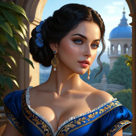 Night, Garden, Noblewoman, Black Hair, Azure Eyes, Baroque Beauty, Natural Beauty, belladonna, shadowed cell, cell saded, dynamic lighting, DDIM, WLOP, Unreal Engine, global illumination, intricate detailed environment, intricate painting, HD, Razumov Kons...