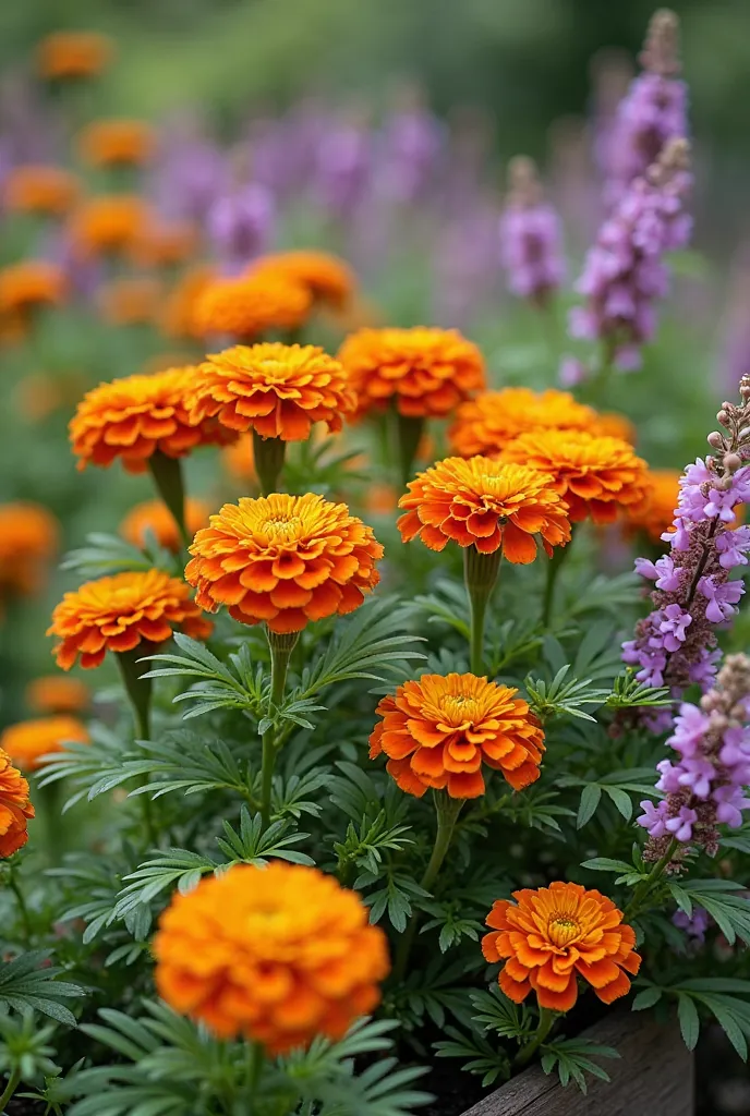 Flower background description (below photo - takes up 30%)
The bottom background of the picture is a vibrant flower growing area with a variety of plants and colors.  :

Marigolds (Marigold): Available in vibrant orange and yellow, gives a stand out with l...