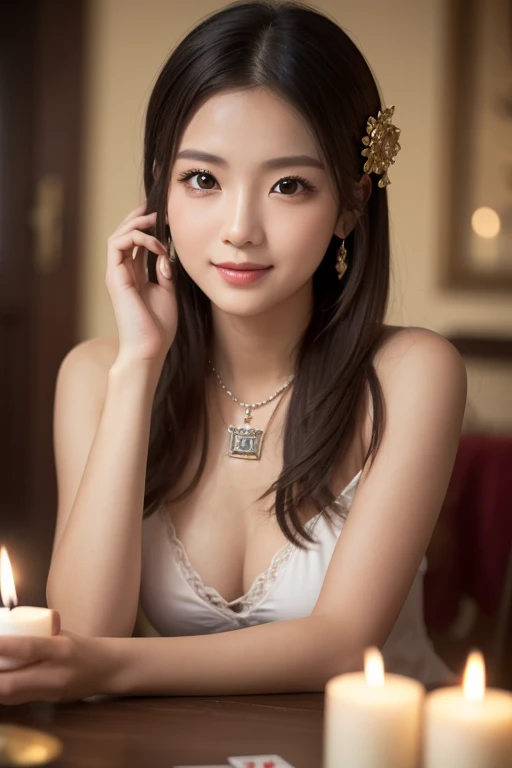  top quality, Masterpiece,  nothing ,  female 1, Age 35,  Japanese , Western-style fortune teller costume ,  hair ornament,  necklace,   jewelry,  beautiful faces,  gentle smile ,  and _body, tyndall effect,  photoRealistic, Divination Room,  candles on th...