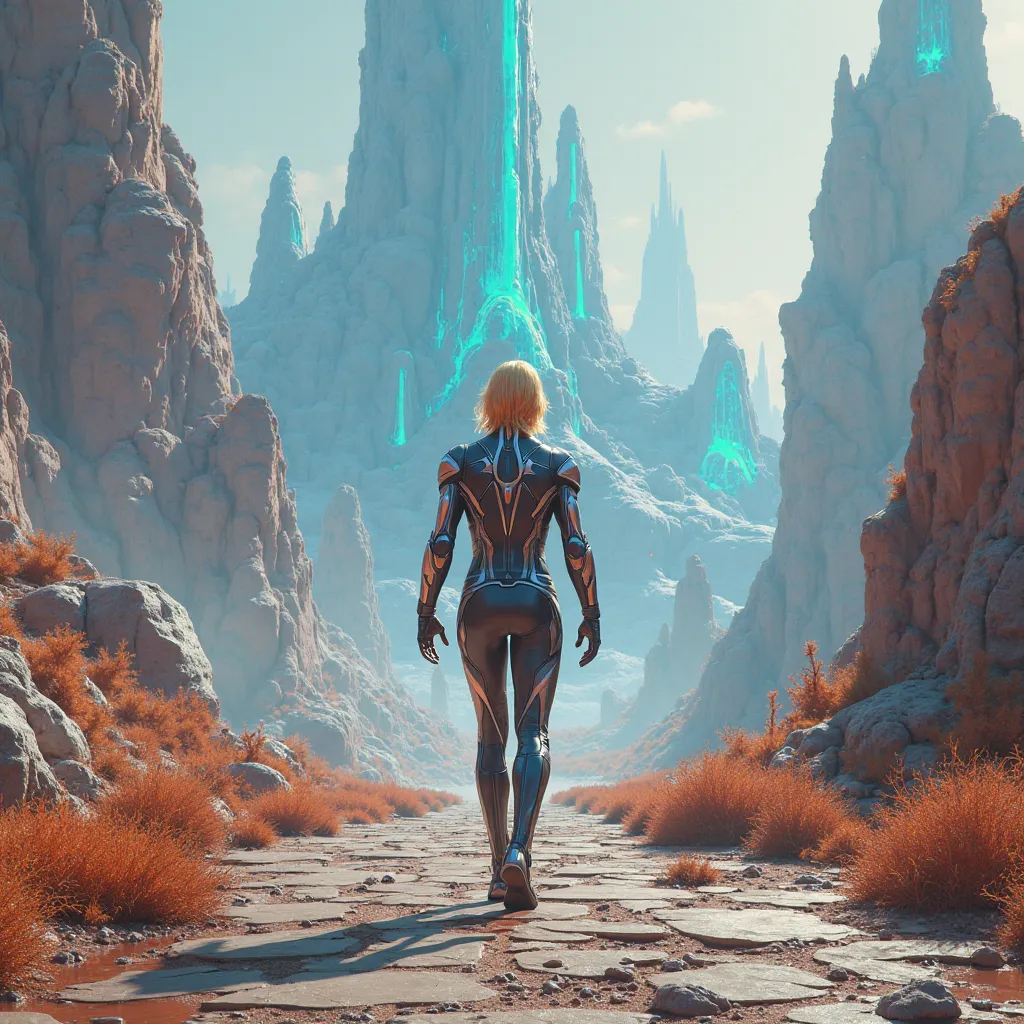  Create an image of a blond man , dressed in a futuristic costume, he goes backwards and walks down a stone road, while looking into the distance at a landscape of a fantasy planet..