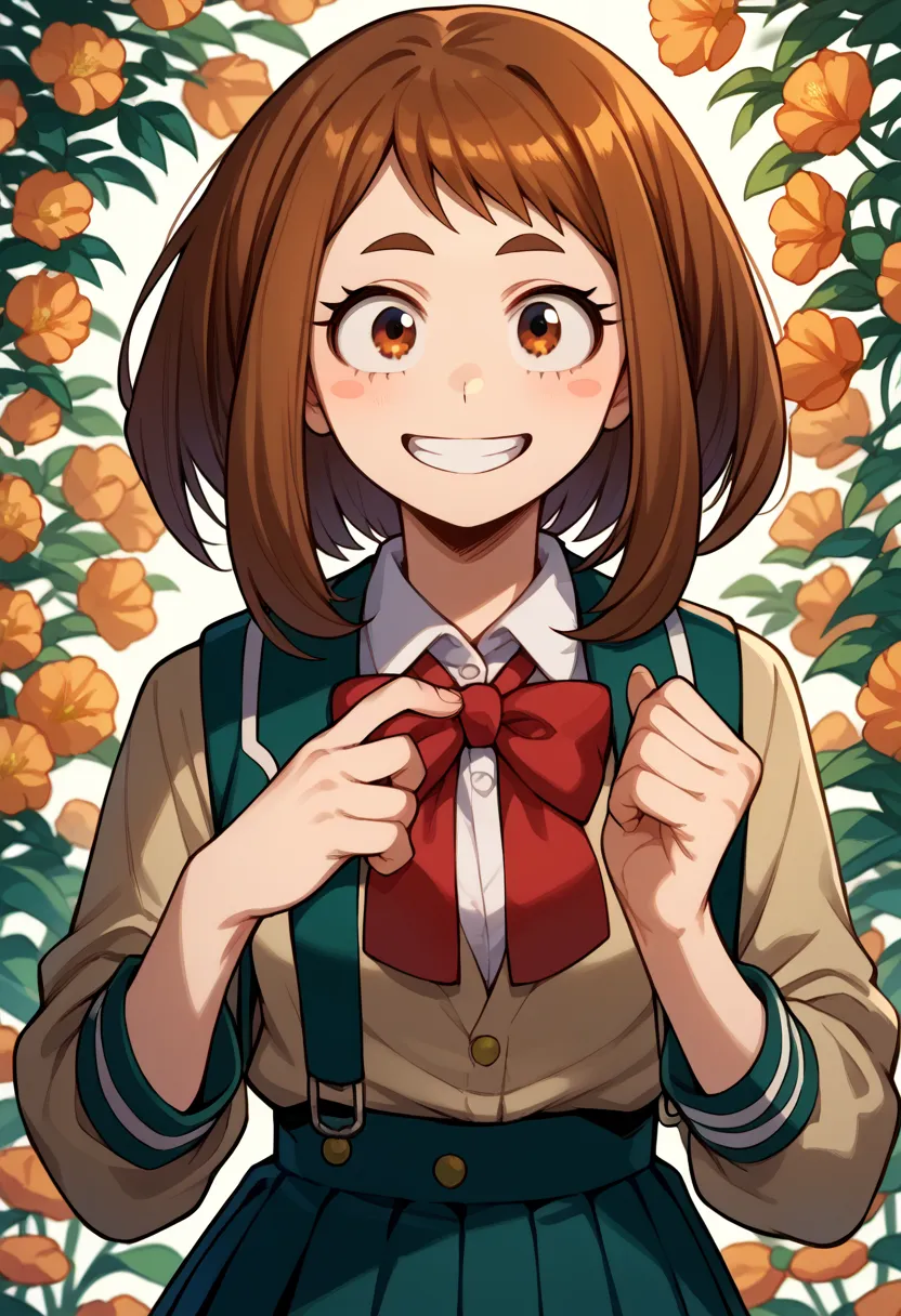 Uraraka in school uniform ,  shyness expression , smile 