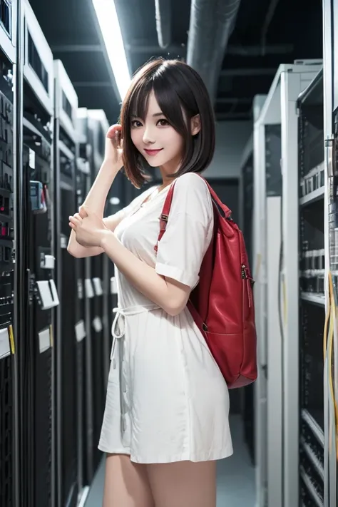 ( full body:1) Young girl,  Smart Casual,  HACKER'S SERVER ROOM,  detailed face, (( cool expression)), ( Straight Short Thin Fringe Hair:1.2),  super detailed pictures, ( photorealistic), ( intricate detail:1),(Masterpiece :1), ( best quality :1),  超 high ...