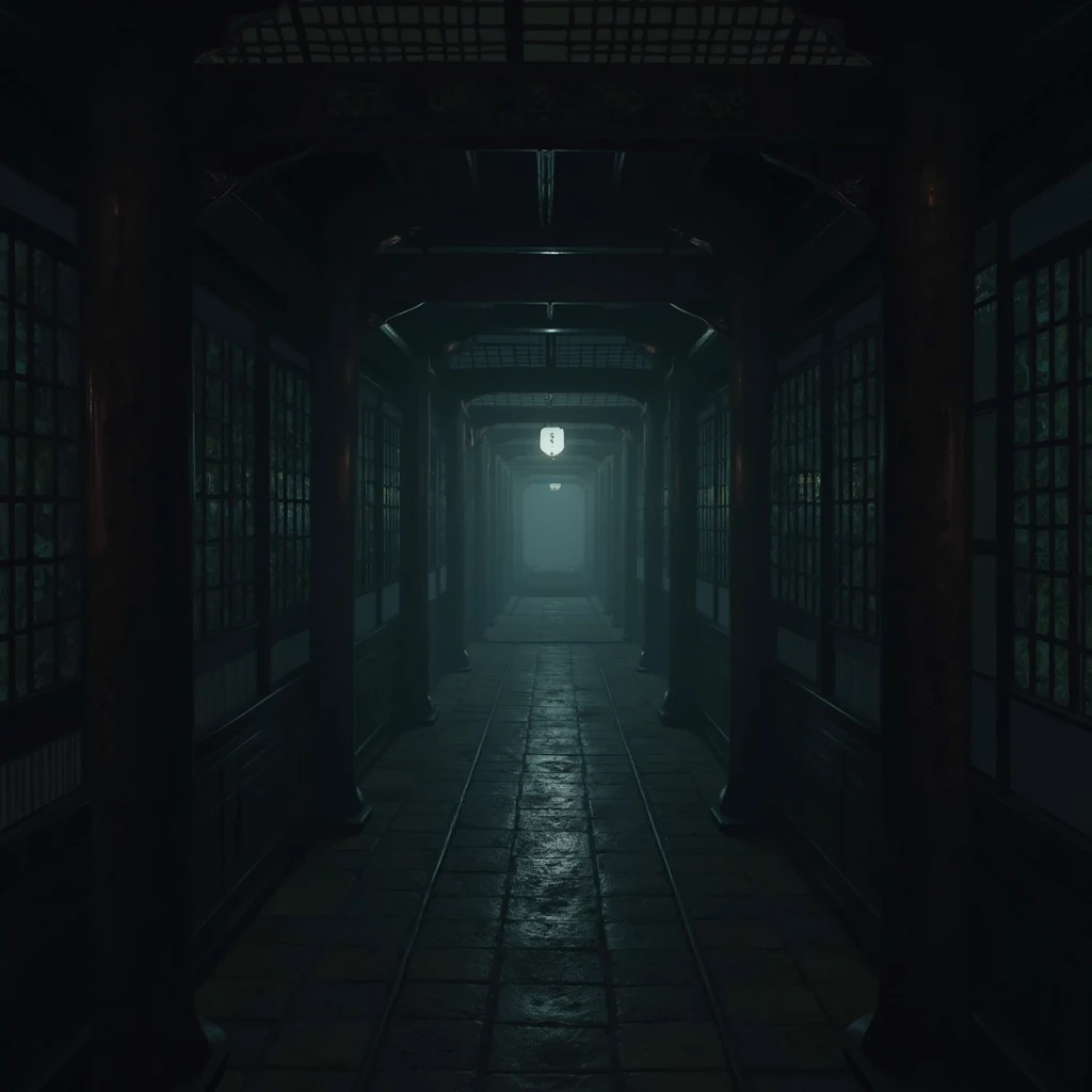 An endless hallway、Japan、scared、 dark、I can't see the back、Japanese style、 people in Manfu、 completely dark、scared、 no living creatures、 nothing 、Just a hallway