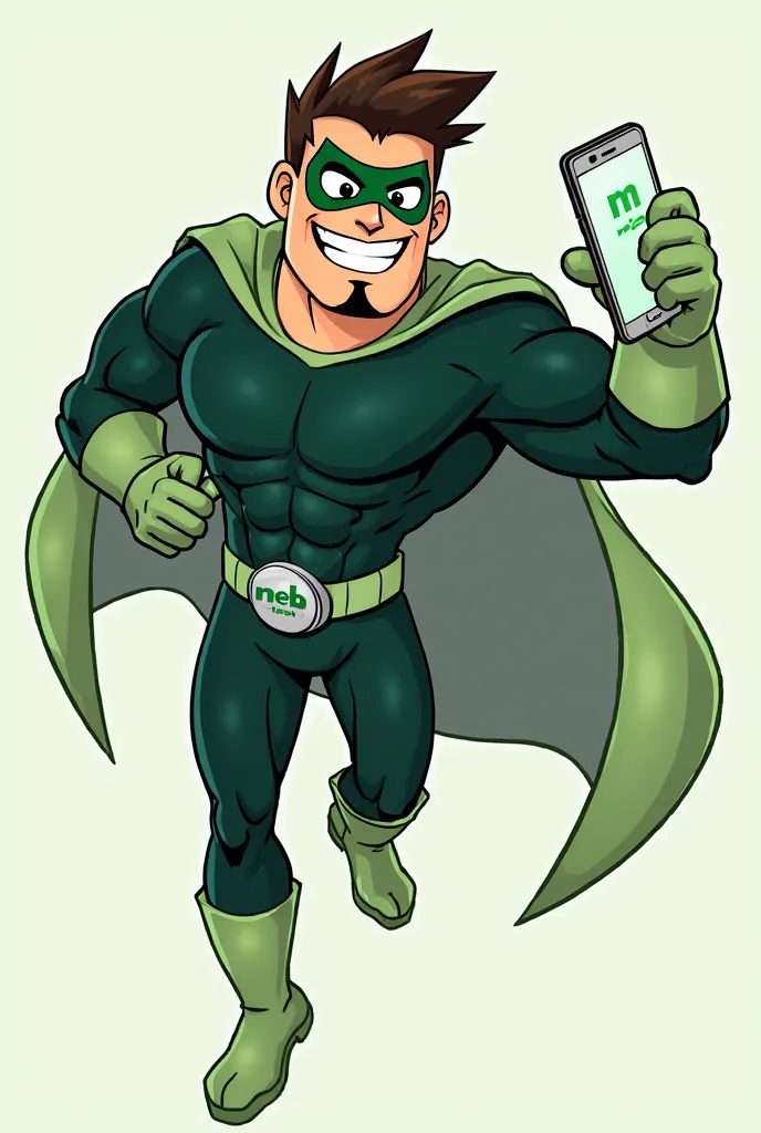 A muscular cartoon superhero named NEB is flying diagonally from the bottom right to the top left in a classic Western cartoon style (early 2000s). He has exaggerated proportions with a broad chest, thick arms, and strong legs. His face features a square j...