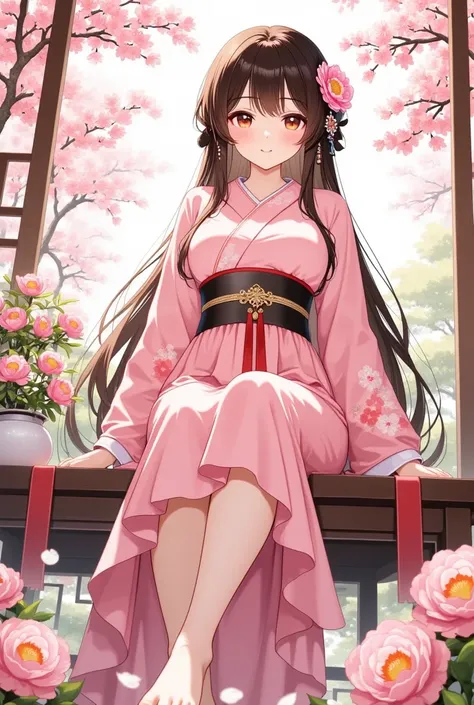 An anime girl in a kimono sits on a flower table filled with flowers,barefoot， Beautiful character painting , Low angle shot