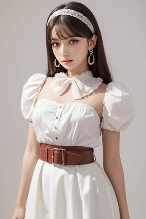  top quality , very detailed,masterpiece, ULTRA DETAIL,Alone,(Delicine eyes),(White background:1.3),red eyes, standing, belt skirt ,[trench coin:20],gem, mole_Down_eye,  in rot _in_viewer, Frilled_ headband, earrings for women with first name