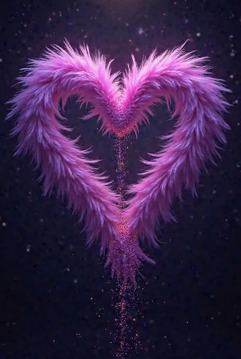 Make a shaped heart, the edge of the heart should be made of feathers, the glitter should fall from the top of the heart to the bottom, the heart should be purple and the background should be dark and the glitter should fall.the should should be in neon 