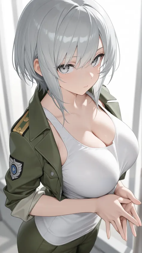 A girl holds a revolver with both hands,looking at viewer, silver eyes, silver hair,white tank top,chrome green military jacket,sleeves rolled up,Larger breasts,three-quarter view,up shot,(masterpiece,detailed:1.3),Hi-Res, top quality, Japanese illustratio...