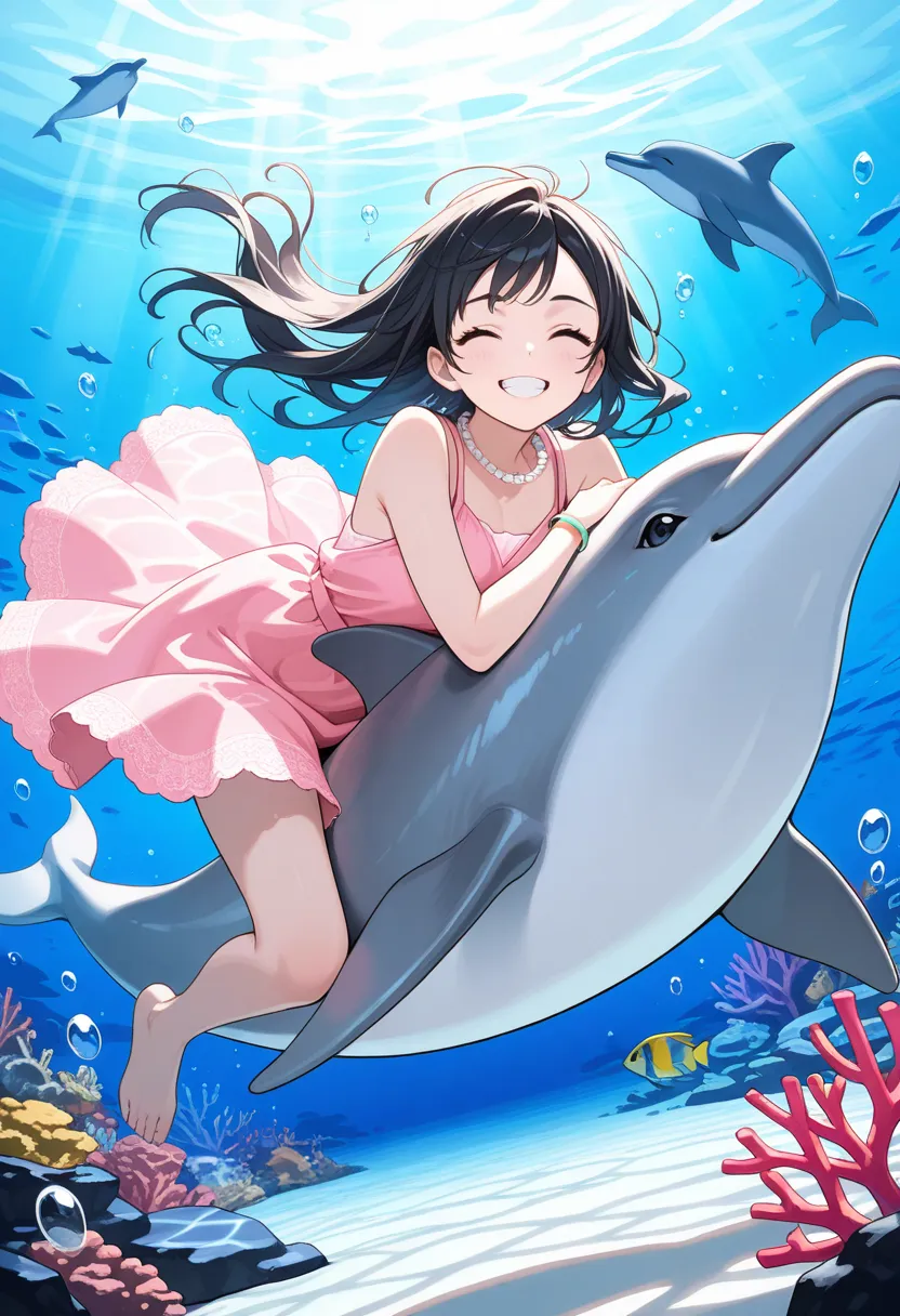 1girl, black hair, pixie cut hair, ^_^, dress, long hair, pink dress, jewelry, underwater, blue eyes, solo, looking at viewer, necklace, coral, fish, barefoot, sleeveless, sleeveless dress, dolphin, bare shoulders, water, teeth, bracelet, bubble, air bubbl...