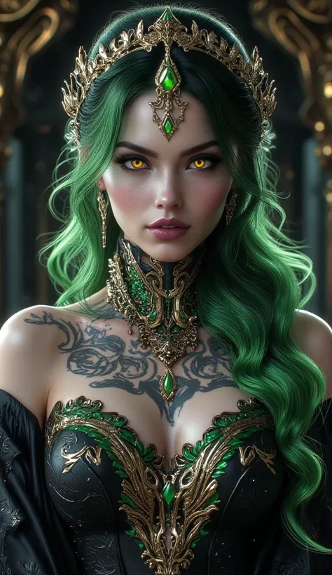 Picture of a 25-year-old woman.  Athletic but slim body ,  light leather balcony. Amber-yellow eyes with a vertical pupil like a reptile's pupil, Slightly black and green shaded eyelids.  Lightly pronounced copper lips . Long and wavy emerald green hair pu...