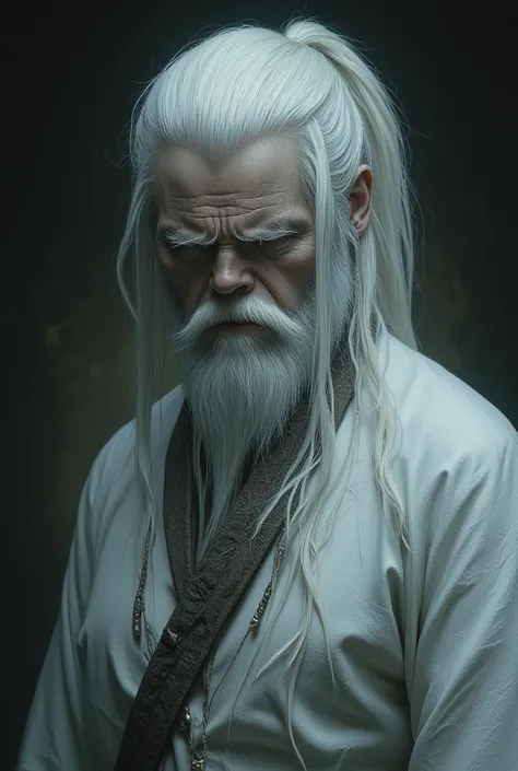 Middle-aged Caucasian man, ash white hair, Long hair in a ponytail with two mirrored locks on his face on the sides of his face, balbo beard, , light wrinkles, translucent ghostly skin, light peasant robe, half-turned portrait