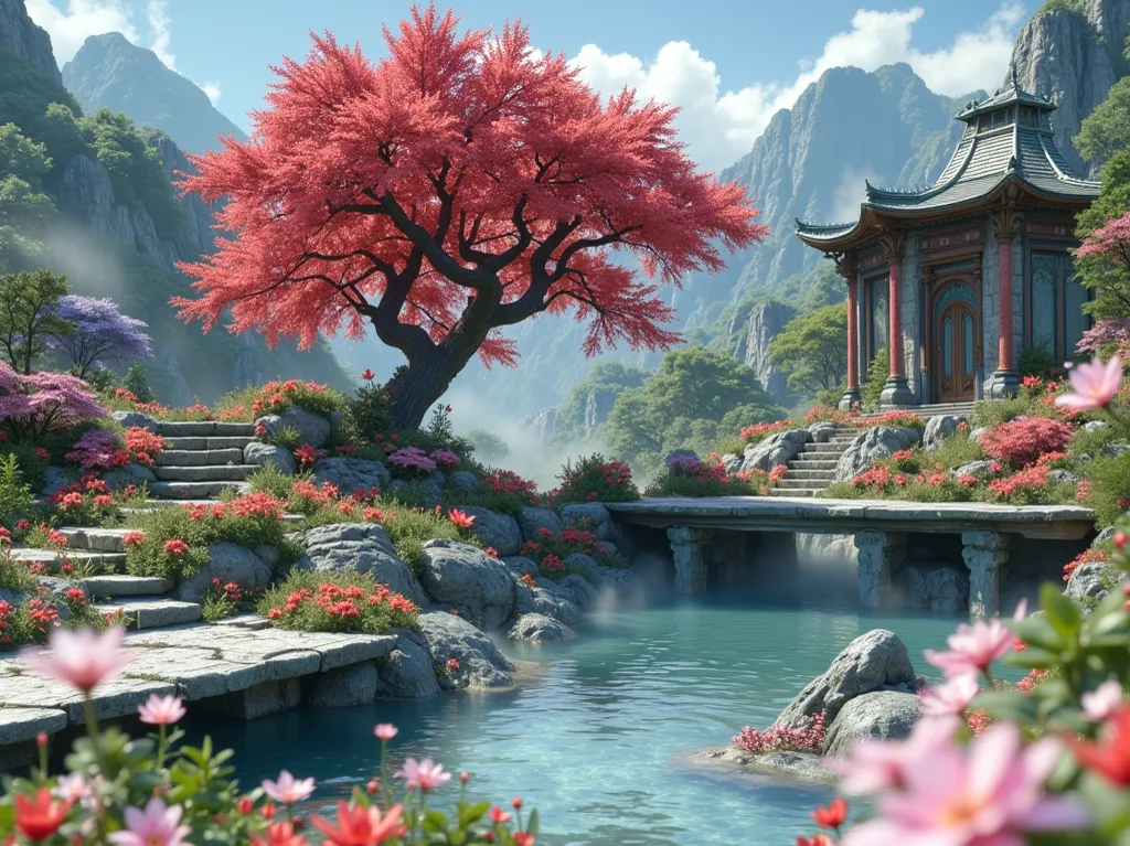 Exquisite fairytale-like outdoor scenery,spring,Clouds and mist,Red Maple,Various brightly colored flowers,Spacious terraces, high quality,4k HD,Realism,major, strong realism , ultra-clear details,Extreme depiction,major艺术效果,Vivid Colors,Depth of Field Eff...