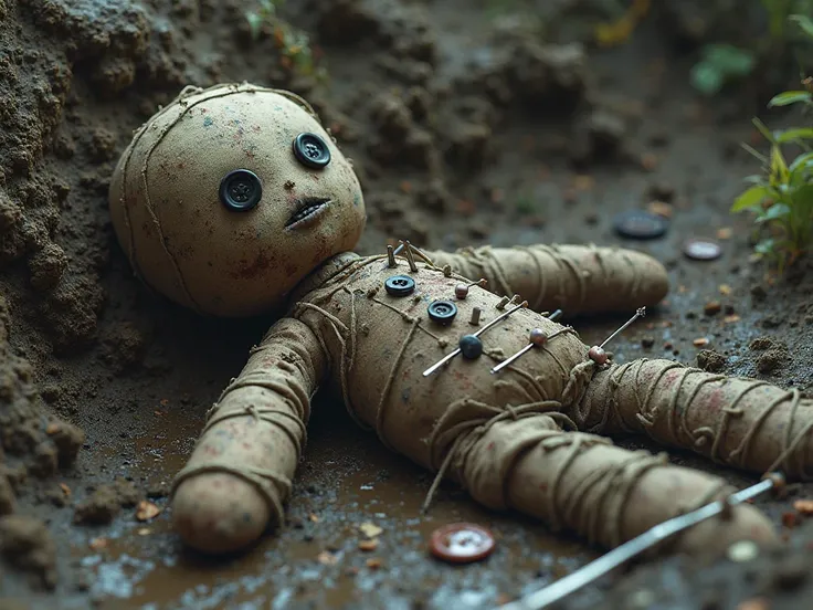 voodoo doll with buttons instead of eyes, stuffed with long needles, lies in the mud 