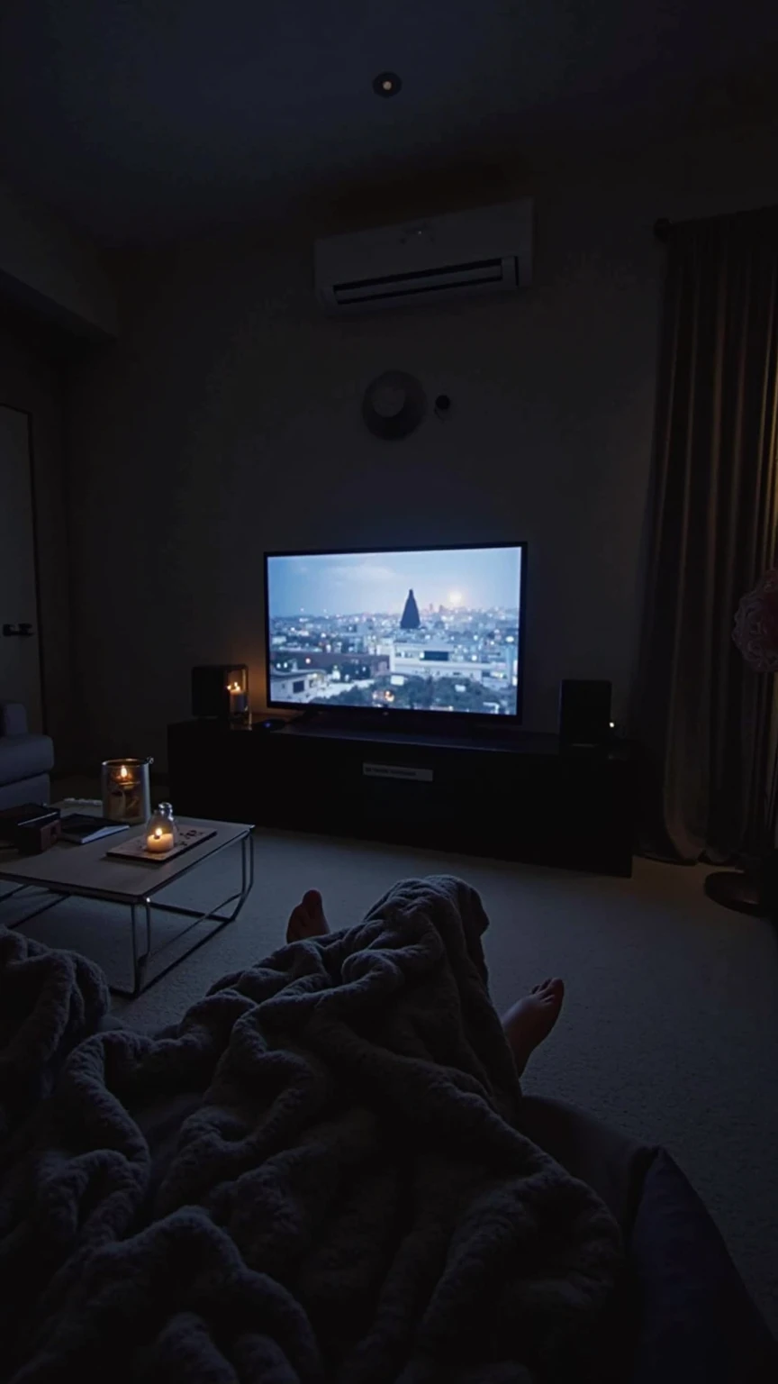 A beautifully designed, elegant, and cozy living room at night, with almost no light except for the soft glow of a large TV screen. The television is playing a random movie or show, clearly visible, casting a dim and atmospheric glow across the stylish spa...