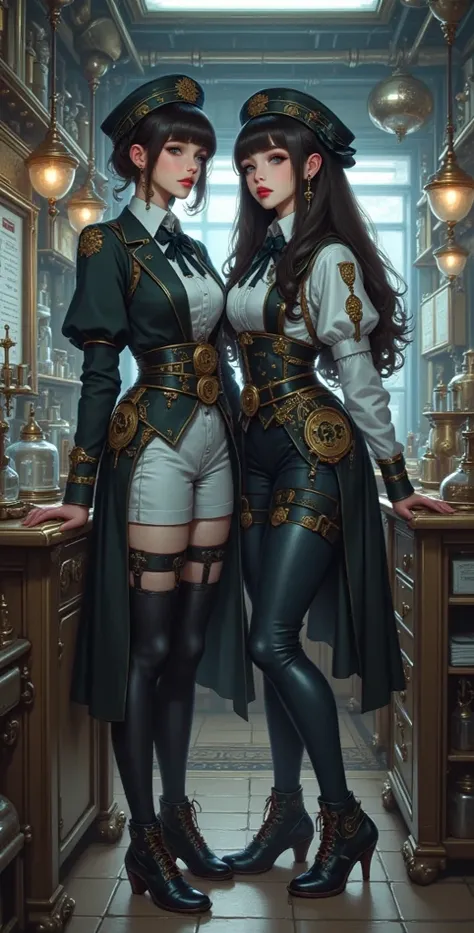 high definition,  Masterpiece , best quality,high detail, High quality, full length ,full frame,full height, straight hair, Breasts,  earrings, Blue eyes, makeup, scarlet lips,  two girls,  steampunk , Steampunk costume, Posing in front of the lab 