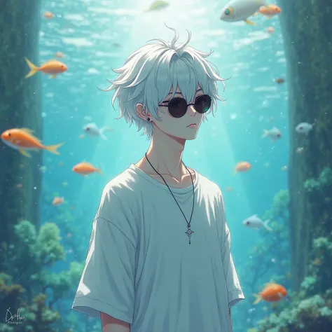 . The man in the anime is ใส่เสื้อยืดสีขาวโอเวอร์ไซส์, white hair ,  with a small necklace,  , Aquarium work background with sunglasses