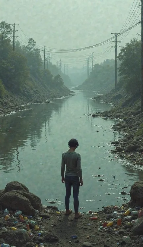 A sad person seeing heavily polluted rivers 