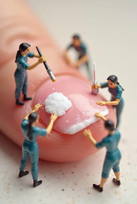 

"Create an image of tiny female workers cleaning a large human fingernail. They are using small brushes, cotton pads, and tiny bottles of nail polish remover to carefully clean the surface. The scene should look detailed and realistic, showing teamwork a...