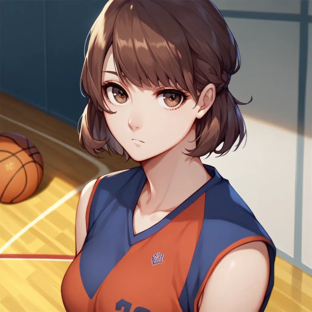 animated,background, Basketball court, Student clothes  
// leaning against the wall , 1st son, Solo female,  mainly for women, Looking at the viewer, Beauty, expressionless
//message, brunette,  brown eyes,  short hair,