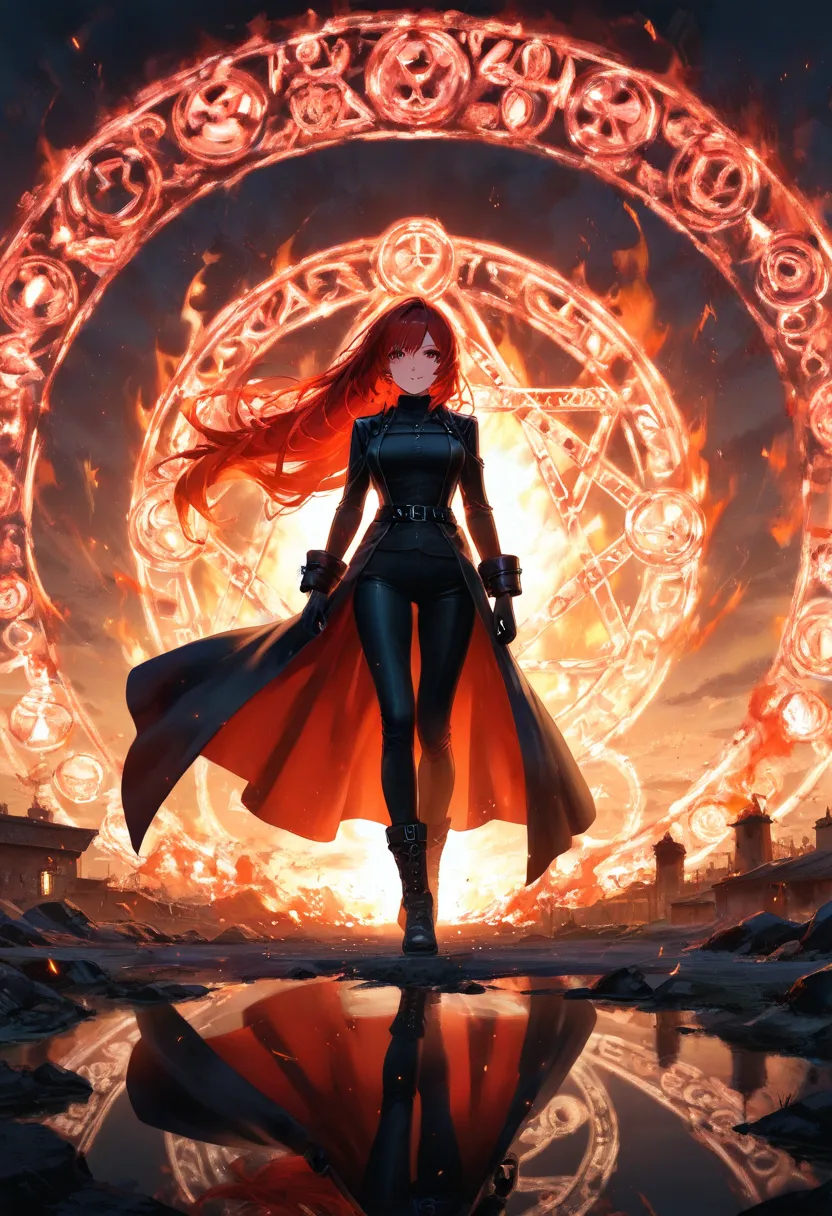 one girl with long red hair.  wearing a long black coat and pants. very detailed and detailed magic circle in red. beautiful red eyes, and concentrates.  The ground beneath feet glows a faint red and bubbles.  flame particles, ground flames, Reflection, ma...