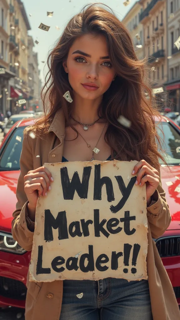 The Uzbek girl is very beautiful and realistic, natural smile, fashionable thick hair.holds an advertising banner with the inscription Why Faberlic?

Market leader!!!. And the background is sprinkled with money and the coolest car 