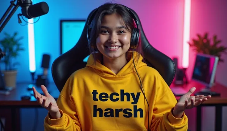 An Indian girl 18 year old young boy sitting confidently on a
modern gaming chair in her YouTube studio. SHe is wearing a bright yellow hoodie with 'TECHY HARSH' boldly printed on it. Her face is clearly visible and expressive smiling . The girl is gesturi...