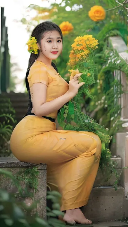 Burmese girl with attractive curvy full body.  Friends full-length bikini, ( white 🤍 dress) reflective long dress painted with flower  A blonde Asian woman sits on a white staircase against a blue wall background decorated with ( black 🖤 roses and green vi...