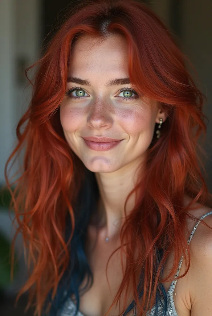 Create a profile picture of a friendly and inviting young woman,  green eyes. Red hair with black and blue highlights. that is positive and approachable. The picture should express a cheerful character and show the individual's personality in a friendly an...