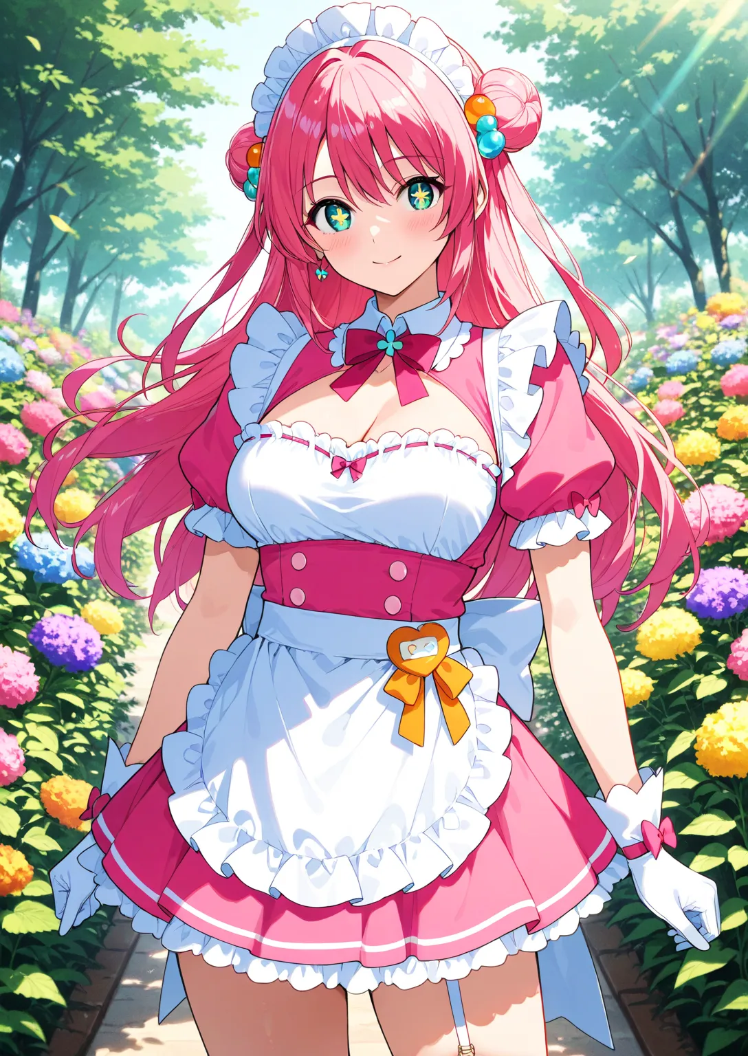  idol,symbol type pupils, aldult, colorful hair color,  long hair, hair bun, maid headdress, hair ornaments close to the garden, pink maid outfit, miniskirt、full body, gloves