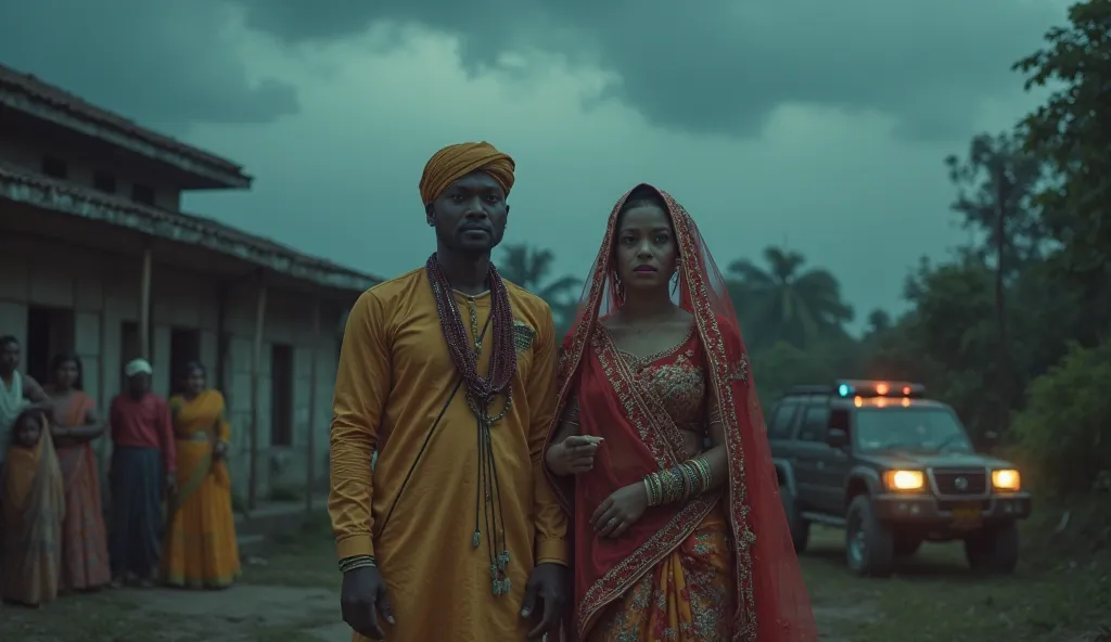 "A haunting village setting where a newlywed couple, dressed in traditional South Asian attire, stands in front of a rural house, their expressions hiding dark secrets. The villagers behind them whisper in suspicion, while in the background, a police vehic...