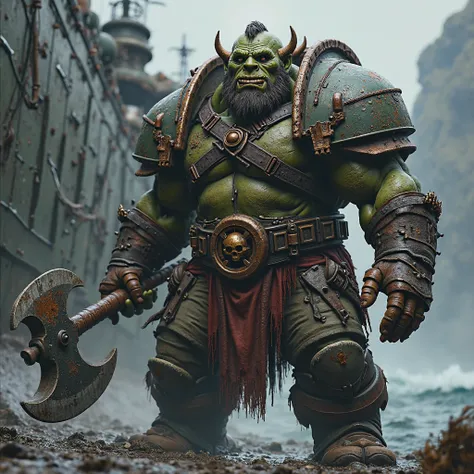 Realize orcs marine with skull axe and brutal face. 
Background at naval ship 