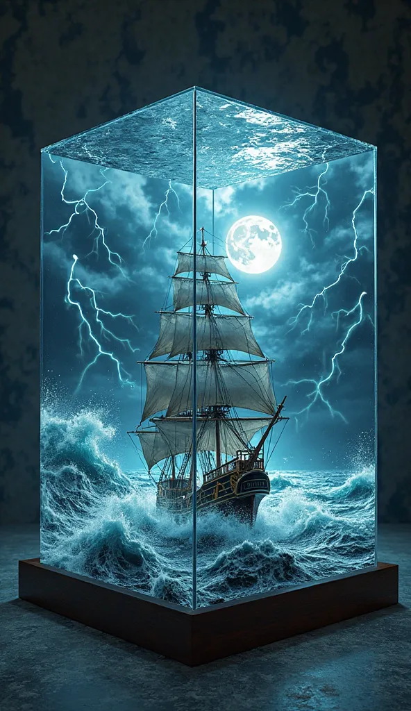 A  glass Cube sculpture, concealed inside the Cube is a large Pirate Ship in a Lightning storm, large waves, in the dark, detailed image, 8k high quality detailed, the moon, shaped Cube, amazing wallpaper, digital painting highly detailed, 8k UHD detailed ...