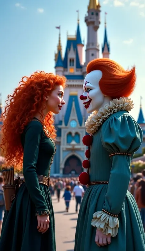 Create an ultra-realistic, full-body image of Merida from Brave and Pennywise the Dancing Clown standing face-to-face in front of a hyper-realistic blue Disney castle, with crowds of park visitors in the background.

Merida has her wild, curly red hair flo...