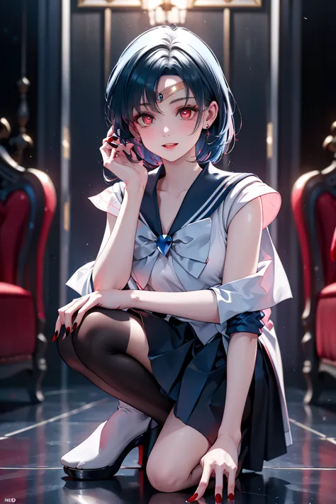 high quality, high definition,  Dark Fantasy Art 。
the enemy king's palace shrouded in darkness。abducted by an enemy organization、Sailor Mercury is completely brainwashed、she kneels in front of the enemy king、completely vampire and pledges loyalty。
(With b...