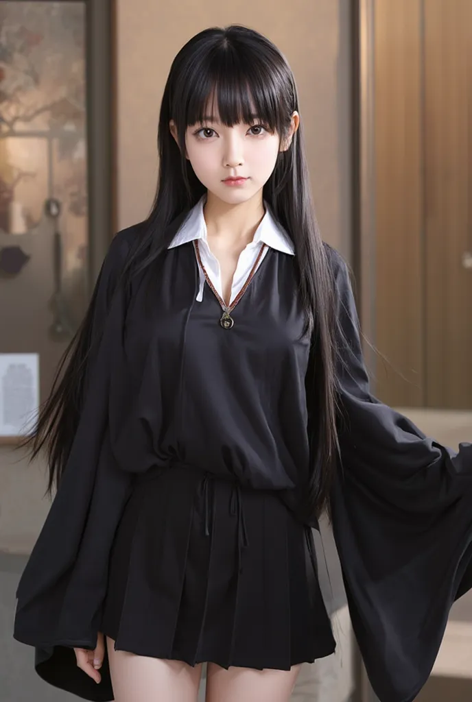 create an anime illustration character of a age girl in a wizardry school uniform. Wear a black vast above a white blouse and a long skirt. She has double eyelids round upturned with chocolate eyes. She has a dark brown sharp eyebrow. High average nose, ov...