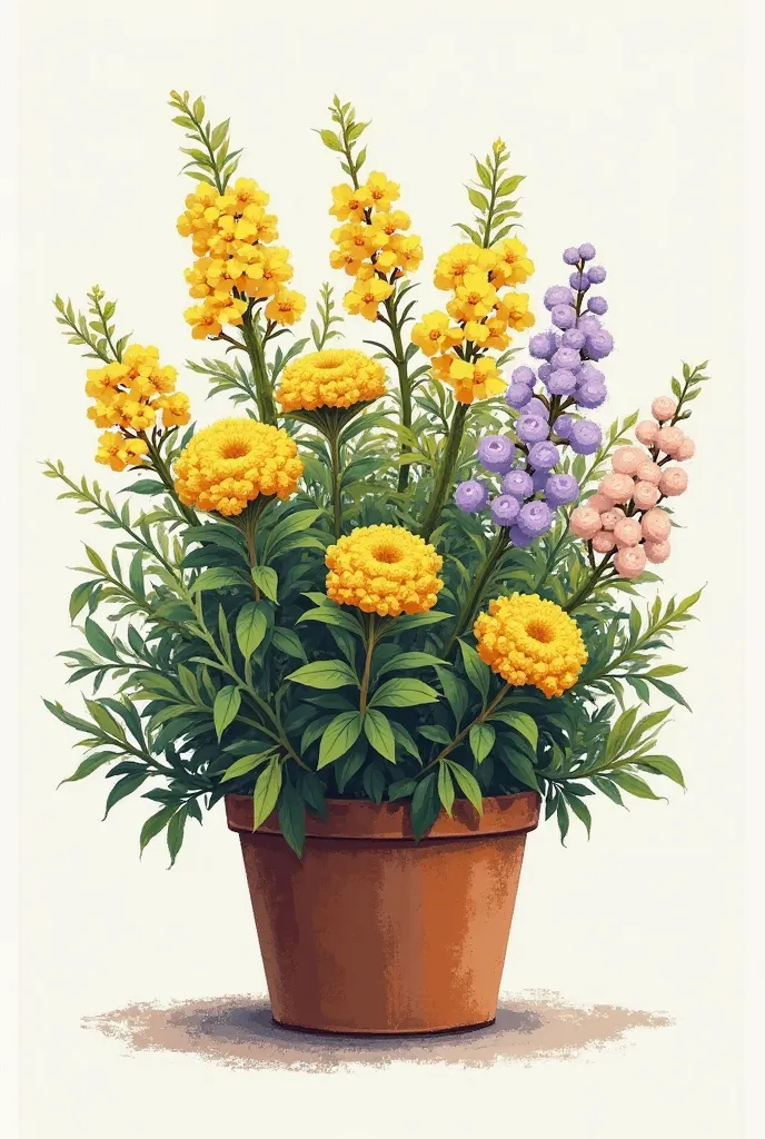 This painting shows a low bush flower pot, with moderately radiating flower branches, not too tall but still full and vibrant.

Details Description:
Small yellow flowers: Grows in dense clusters, Distributed evenly throughout the pot, creating an impressio...