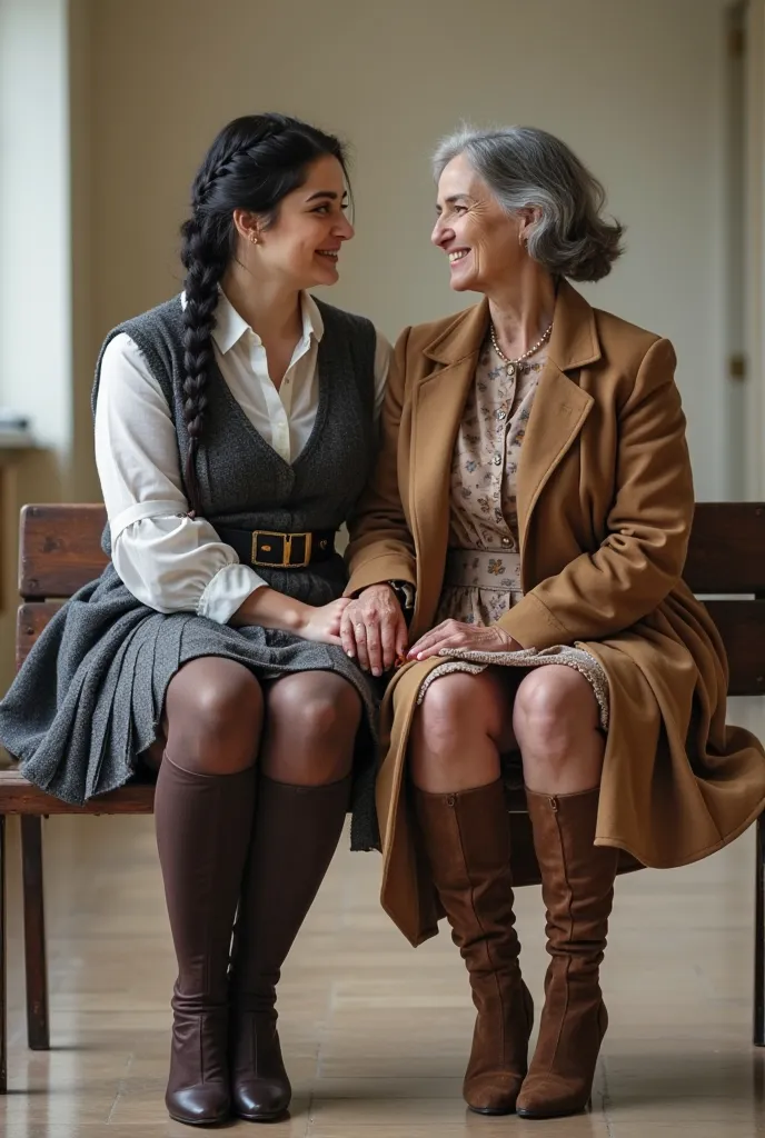 A Armenian   girl and a 65-years-old stunning slim Armenian woman with hair up. The the   girl is wearing a braid, a Scottish style pletted skirt, white blouse, wool vest and matching gray wool coat, shiny tights, knee high dark brown heeled boots. The wom...