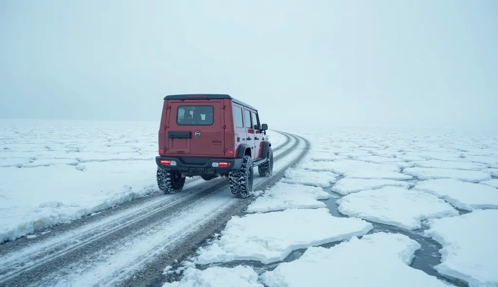 A rugged off-road vehicle painted in a muted red shade, driving across a vast, frozen landscape covered in snow and ice. The vehicle leaves deep tire tracks behind as it moves forward into the foggy, desolate expanse. The sky is overcast, and the horizon f...