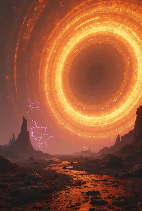 A CGI scenario, set in a cosmic landscape dominated by a huge rotating orange and yellow vortex, similar to a black hole in the middle of a cosmic storm. The vortex is composed of concentric rings with vibrant and gradient tones, giving a sensation of cons...