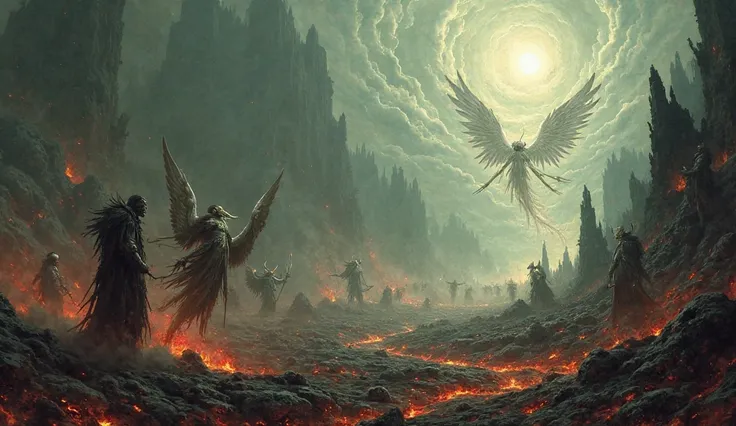 "A grim and harrowing depiction of an apocalyptic battle between celestial angels and infernal demons, set in a desolate, nightmarish wasteland. The heavens above are fractured, spilling cold, pale light through cracks in a swirling vortex of ash and storm...