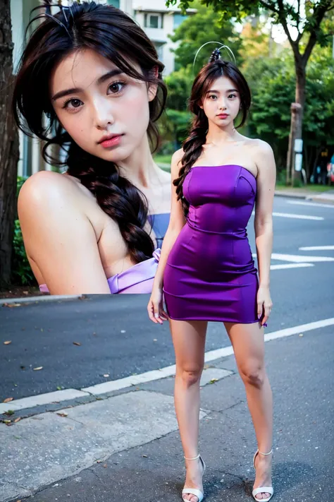 (1 lady), (Best quality at best:1.4), (ultra - detailed), (extremely detailed CG unified 16k), A Beautiful Woman with Perfect Figure: 1.4, Sharp Focus: 1.2, purple hair, very detailed, High-definition RAW color photo, professional photoshooting, amazing fa...