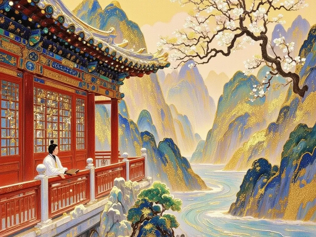 Draw a train on a bridge on a mountain with a river, Chinese painting style,  Supersonic trains and passengers , High-speed trains, 🚿🗝📝, Ultra-detailed picture, Zhuoxinye,  ultra-thin painting ,  by Quo Leilea ,  inspired by Dong Qichang , author：Qiu Ying,...