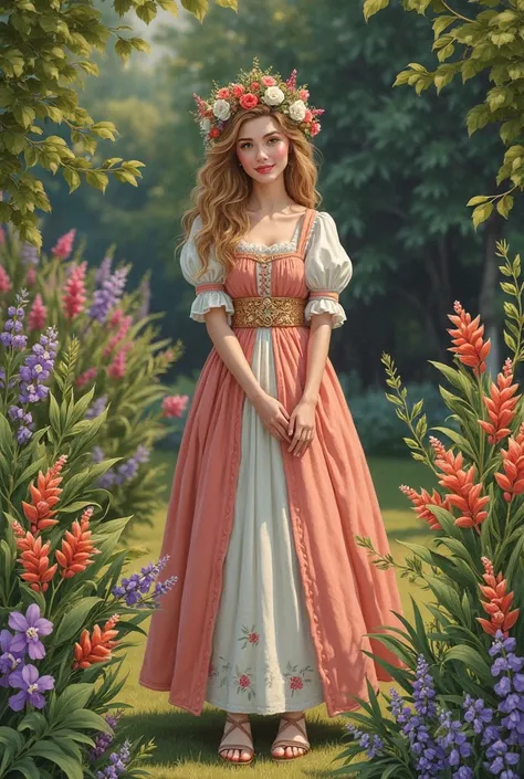 A Portrait of a 24 yo Beautiful Woman [Elizabeth II:Maude Adams:0.45 donning Victorial Casual Dress, she is in her backyard garden with lush vibrant flowers, insanely detailed and intri garden, A Don Lawrence Style Illustration