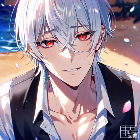 超high-resolution, high-resolution,  ultra-fine in 8K, [Hall, masterpiece, Best Quality, Very detailed,  Fine Eyes , Baru Suie,white hair, Hair rises, Expressive red eyes, Blue Lock, alone,  Sexy man ,  Handsome, horny, [lewd,  black vest, Black Swim Pants,...